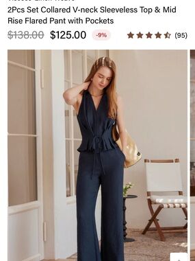 OGL Navy Sleeveless Set - V Neck Wide Leg Jumpsuit with Tie Waist Top